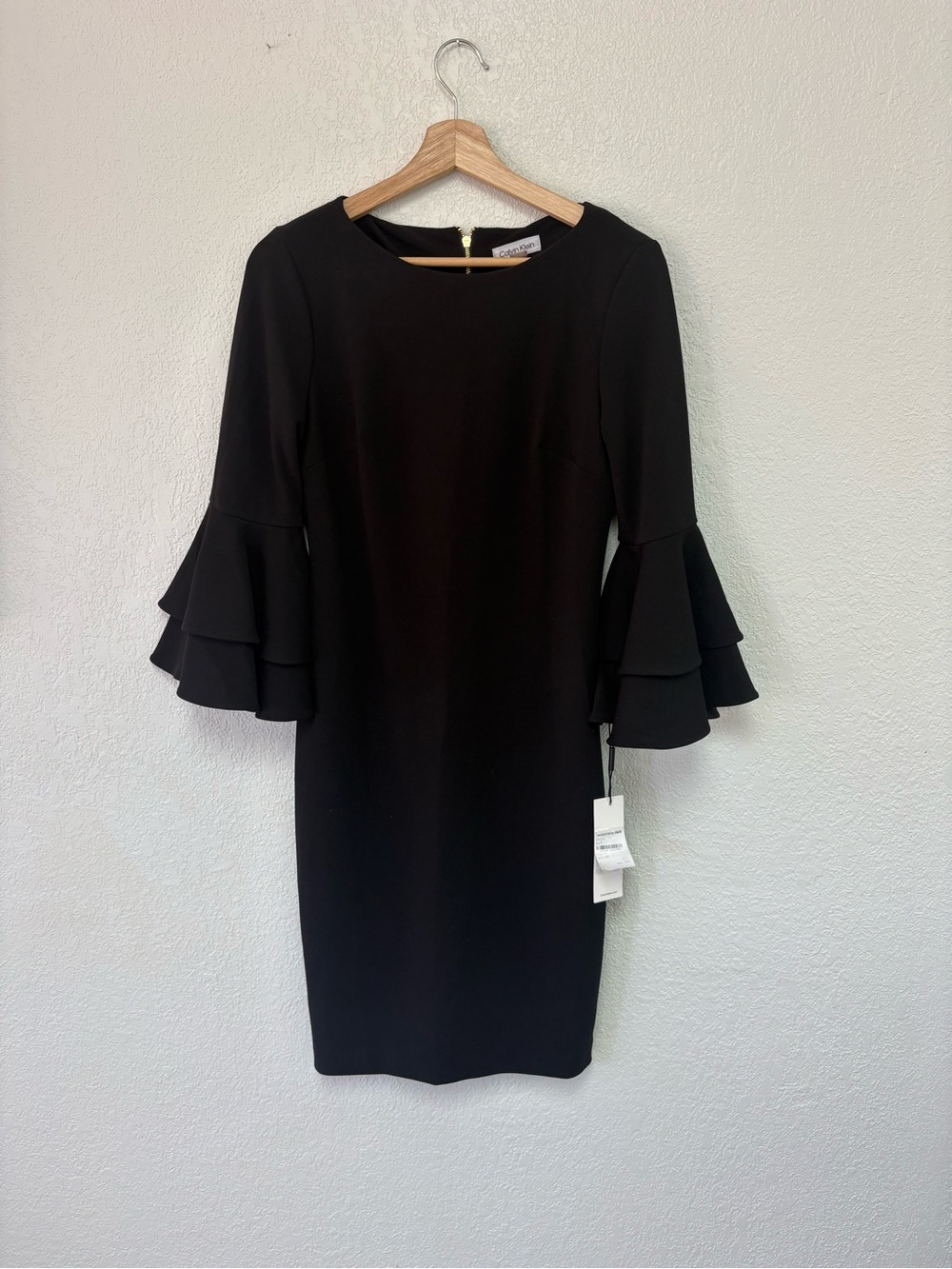 Calvin Klein Black Ruffle-Sleeve Midi Sheath Dress